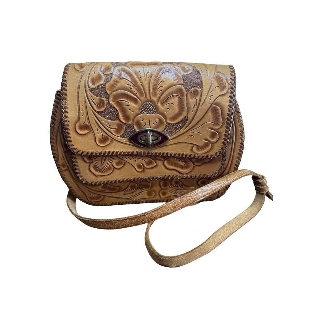 Genuine Leather Hand Tooled Embossed Mexican Vintage Handbag adjustable strap